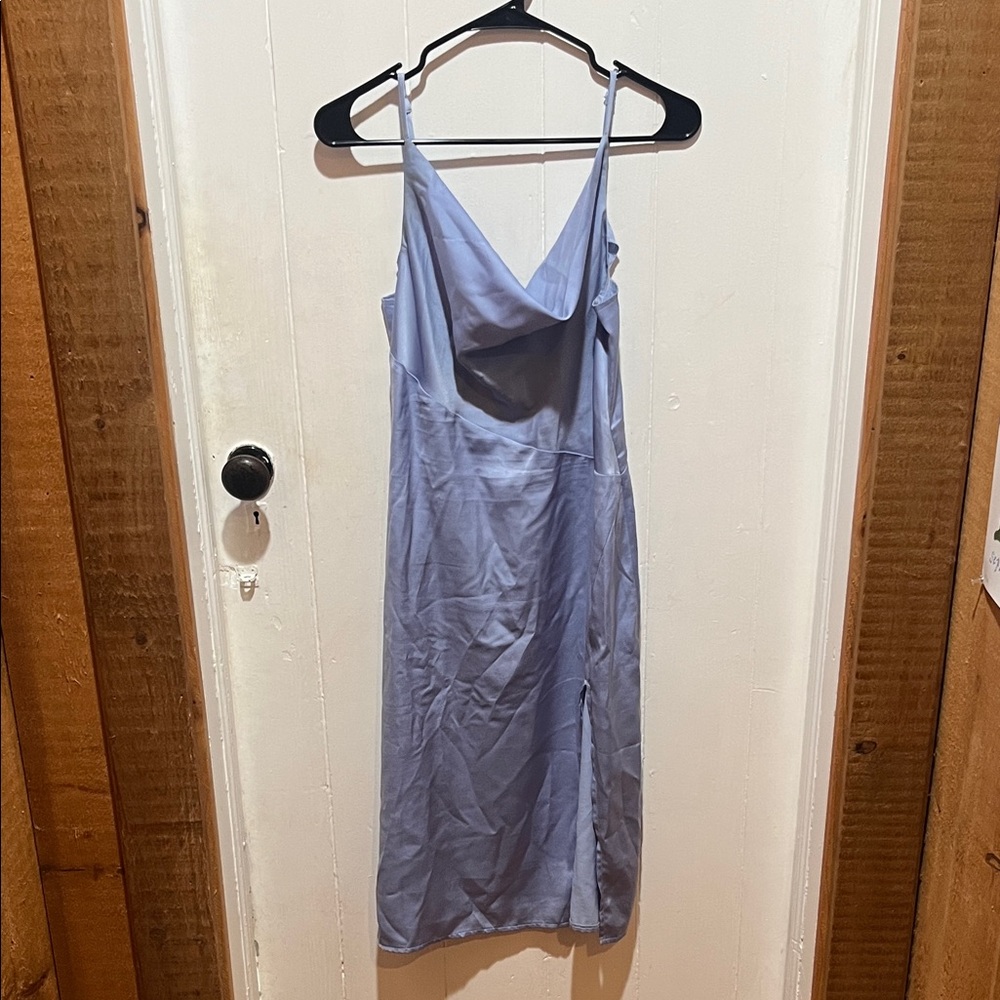 SHEIN Light Blue Satin Slip Midi Dress with Cowl Neck